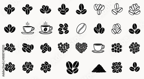 Collection of Coffee Beans and Hot Beverage Icons symbolizing a morning ritual and a rich aroma, isolated on white background.