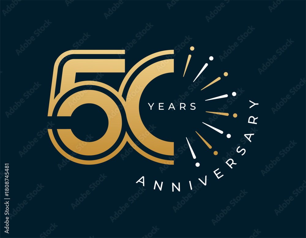 Obraz premium 50 Years Anniversary with fireworks design vector illustration. Unique 50 years logo design template. In gold color.