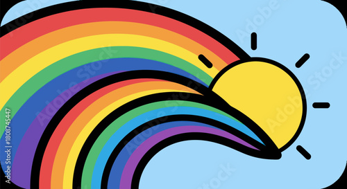 Vibrant Rainbow Arc with Radiant Sun Illustration.