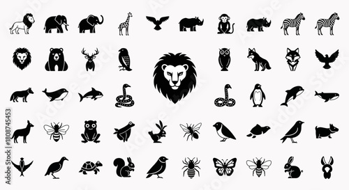 Collection of Diverse Wildlife Animals Icons Set Silhouette Vector Art Illustration, Mammals Birds Reptiles Insects Marine Life