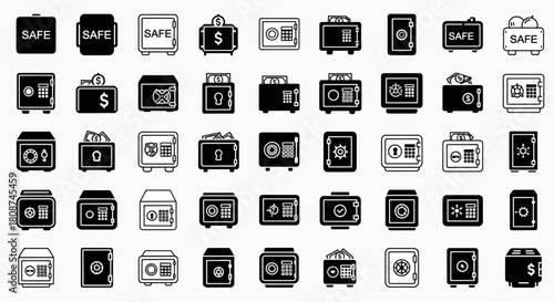 Collection of Diverse Safe Icons with Various Designs Like Keyhole, Lock, Number Pad, and Money Symbol