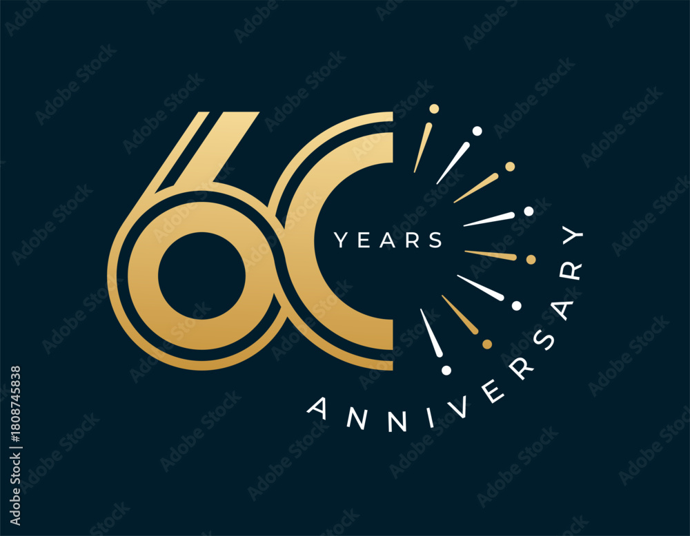 Fototapeta premium 60 Years Anniversary with fireworks design vector illustration. Unique 60 years logo design template. In gold color.