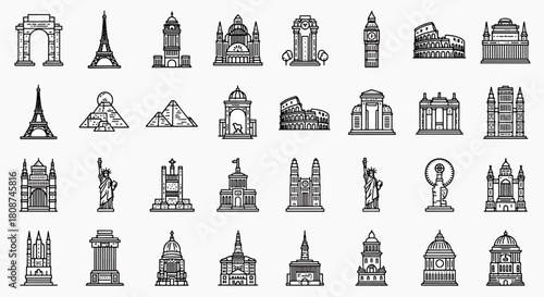 Collection of Famous World Landmarks and Buildings in a Clean Line Art Style Vector Graphic
