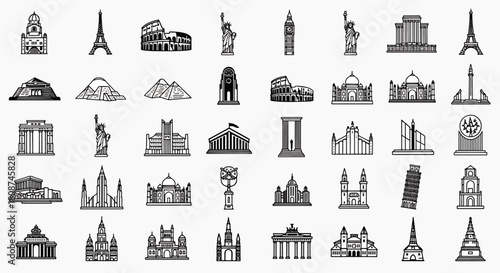 Collection of Famous Landmarks and Iconic Buildings from Around the World in a Vector Line Art Style