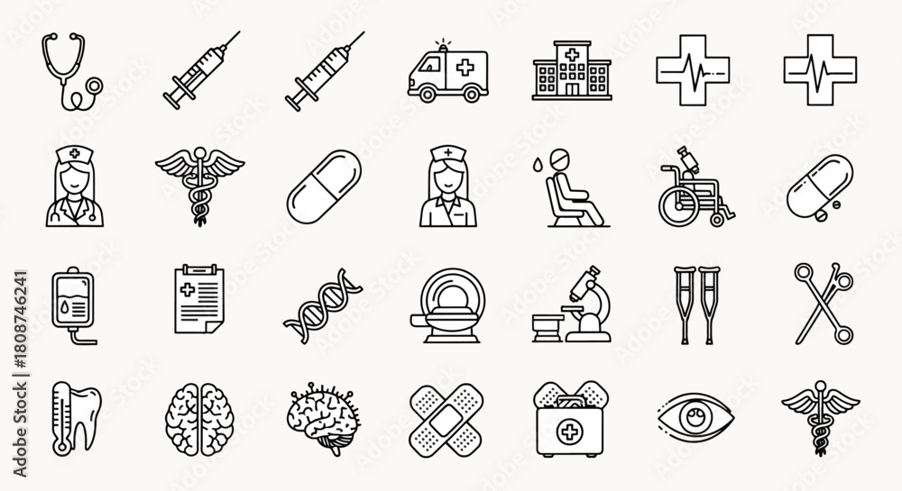 Fototapeta premium Collection of Medical and Healthcare Icons Stethoscope Syringe Ambulance Hospital Brain Tooth Eye DNA Medicine