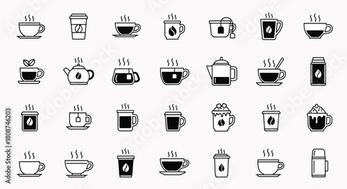 Collection of hot drinks and beverages icons, including coffee cups, tea cups, mugs, and thermoses with steam illustrations