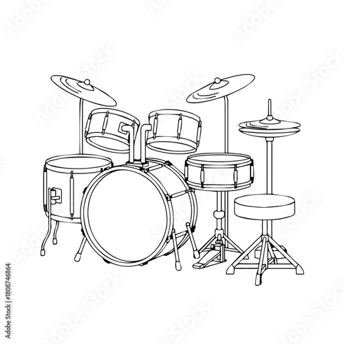 A detailed black and white line art illustration of a complete acoustic drum kit, a classic percussion musical instrument for performance