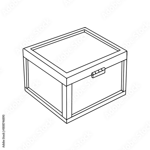 A simple black and white outline drawing of a closed keepsake box with a glass lid, presented in an isometric vector icon style