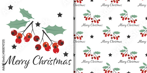 Christmas holiday banner and seamless pattern of cute holly berry branch with black stars and Merry Christmas text on white background. For a cozy winter holidays season.