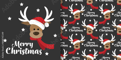 Christmas holidays banner and seamless pattern of cute reindeer wearing red scarf and Santa hat , white stars and Merry Christmas text on black background.