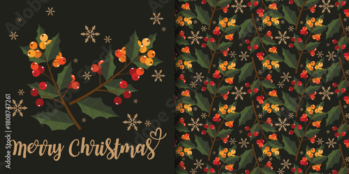 Christmas holiday banner and seamless pattern of cute holly berry branches with snowflakes on black background. Merry Christmas text, For winter holidays season.