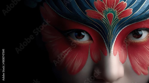 Close-up of a woman's face with Tang Dynasty makeup revealing classical mysterious beauty