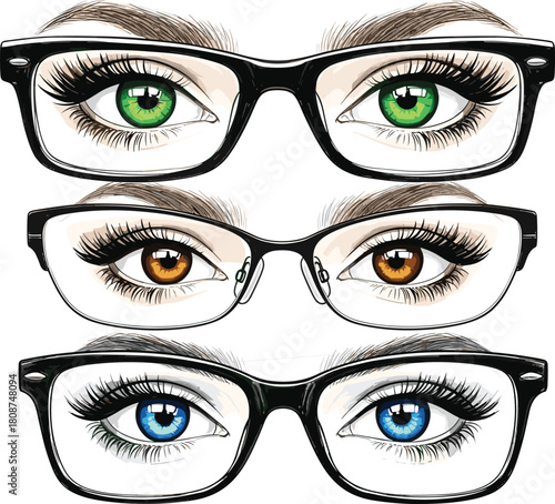 Illustrated eyes with glasses, green brown and blue iris variations, detailed eyelashes, realistic drawing style, optical eyewear design, expressive eye artwork