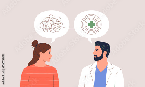 An illustration of a therapist and a patient in conversation, depicting the dynamics of mental health support, understanding, and healing in a comforting environment.