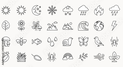 Collection of Nature and Weather Icons representing elements like sun, moon, snowflake, clouds, fire, wave, earth, lightning, flora, and fauna