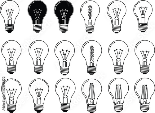 Light bulb filament collection, vintage and modern styles, spiral, zigzag, vertical filaments, black filled bulbs, glowing design elements
