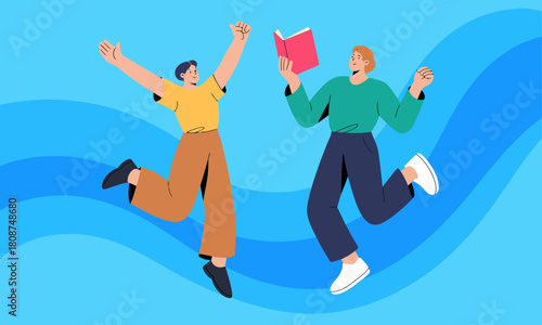 This vibrant illustration depicts two joyful individuals celebrating, one reading a book, conveying themes of happiness, learning, and community spirit.