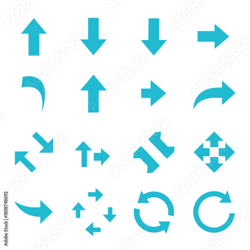 Cyan Arrow Icon Set: Multidirectional, Turn, and Recycling Symbols