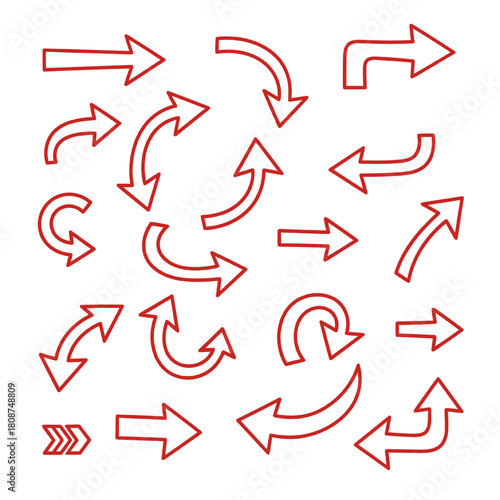 Red Outline Arrow Collection: Sharp Turns and Directional Curves