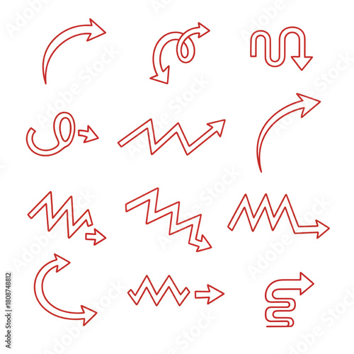 Red Outline Arrow Set: Winding, Zigzag, and Curved Progress Indicators