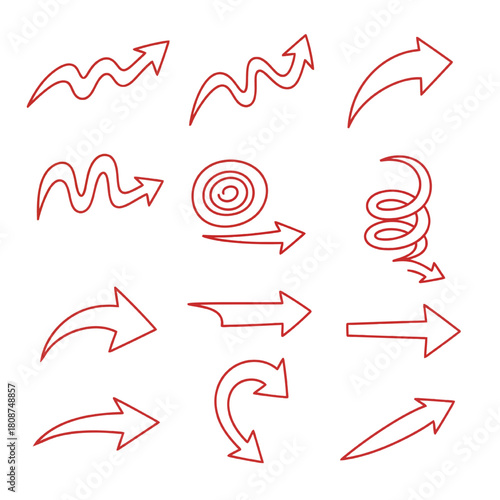 Red Outline Arrow Set: Wavy, Spiral, and Dynamic Movement Symbols
