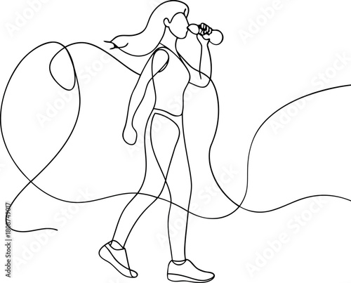 Continuous line drawing woman drinking water fitness
