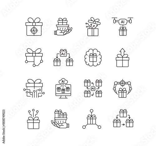 A set of vector icons representing AI-powered gift automation, distribution, and smart delivery systems for the holiday season, created in line style with editable stroke