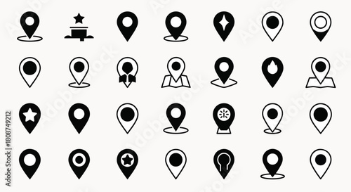 Collection of various pin location map marker icons with different designs, solid and outline styles for navigation