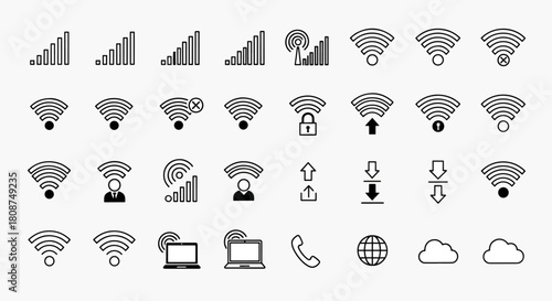 Collection of Wireless Network Signal Icons and Symbols Representing Connectivity and Internet Access Status