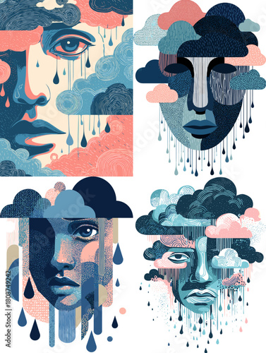 Surreal portraits blending human faces with raining clouds in bold colors. Emotional abstract artwork perfect for editorial themes mental health concepts expressive posters and modern designs.