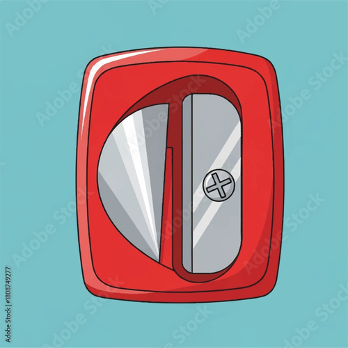 A simple red pencil sharpener with a silver blade on a light blue background, perfect for school supplies and office stationery