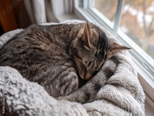 Ginger Cat Sleeping on Cozy Knitted Blanket by the Window