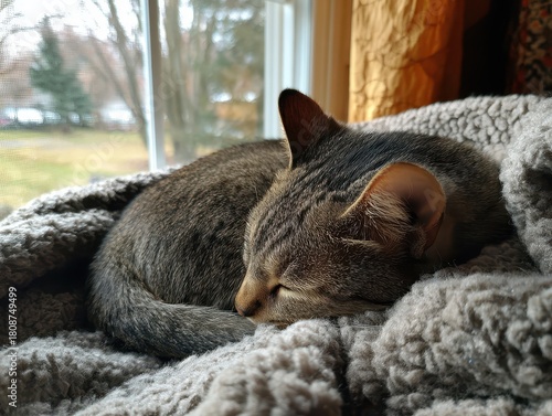 Ginger Cat Sleeping on Cozy Knitted Blanket by the Window