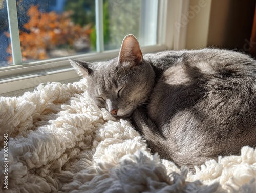 Ginger Cat Sleeping on Cozy Knitted Blanket by the Window