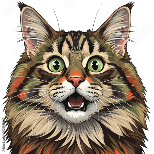Vibrantly Colorful Feline Portrait Capturing a Playful and Surprised Expression, Detailed Illustration of a Cat's Face with Expressive Green Eyes and Richly Patterned Fur