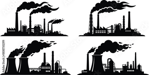 Illustration of silhouette of industrial buildings with smoking chimneys isolated on factory, plant, energy, pollution, manufacturing, and environment