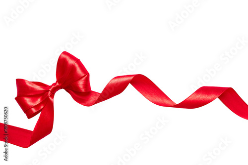 Long red satin ribbon with decorative bow and curled ends, isolated on white background. Perfect for wrapping gifts, banners and festive projects.