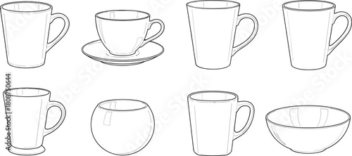 Illustration of a collection of various cup and bowl shapes, presented as a simple black and white sketch isolated on the cups and bowls are arranged in two rows