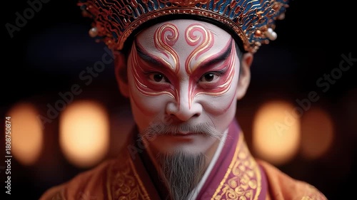 Close-up of a solemn Tang Dynasty opera character