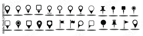 Red Location Pins Sign. Pointer Navigation Symbol. Flag Mark, Thumbtack Sign. Red GPS Tag Collection. Set of Marker Point on Map, Place Location Pictogram. Isolated Vector Illustration.