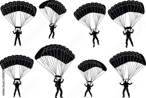 Silhouette parachute jumpers descending with open canopies, skydiving figures, extreme sport illustration, airborne action poses, isolated on white background