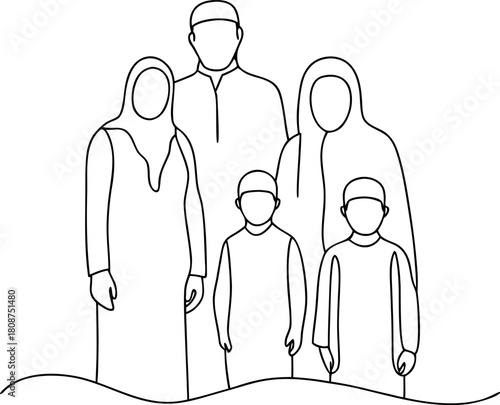 Line art of a Muslim family together