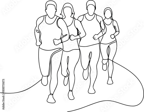 Group of marathon runners line art illustration