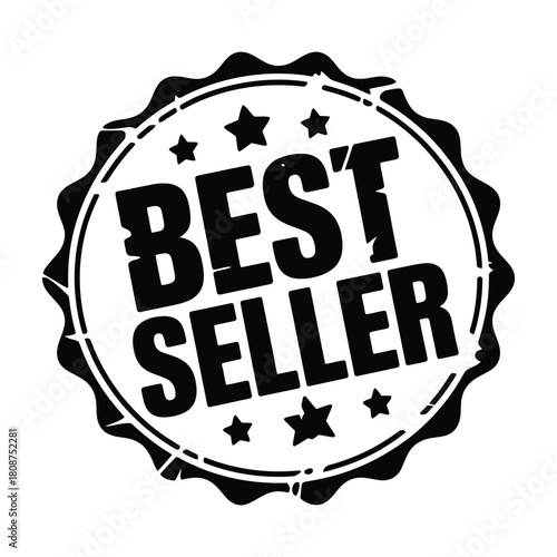 Circular distressed black and white bestseller stamp with stars and jagged edges