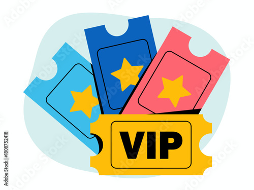 A vibrant visual of stacked VIP tickets featuring stars, symbolizing exclusive access to events. The colorful design highlights excitement and premium experiences effectively.