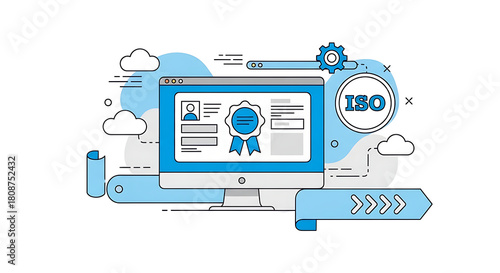Online iso certification and quality management system illustration on computer screen, depicting compliance with global standards.