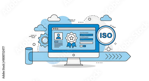 Modern flat line art illustration of online iso quality certification standard system on a computer screen display, award badge