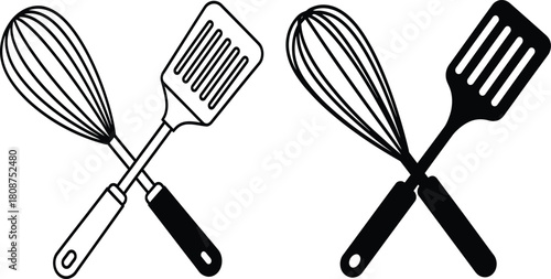 Crossed Whisk and Spatula Icons in Outline and Solid Black kitchen utensil cooking