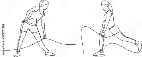 Line art showing two women stretching exercises