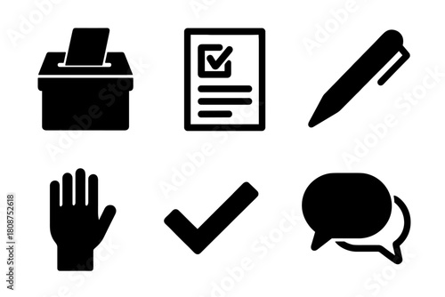 Election icons set: voting box, checklist, pen, hand, checkmark, speech bubble